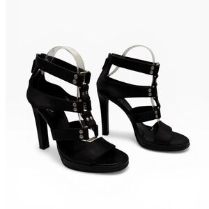 Gucci Cage Gladiator Sandals 38 Black Leather Studded Strappy Heels Sandal